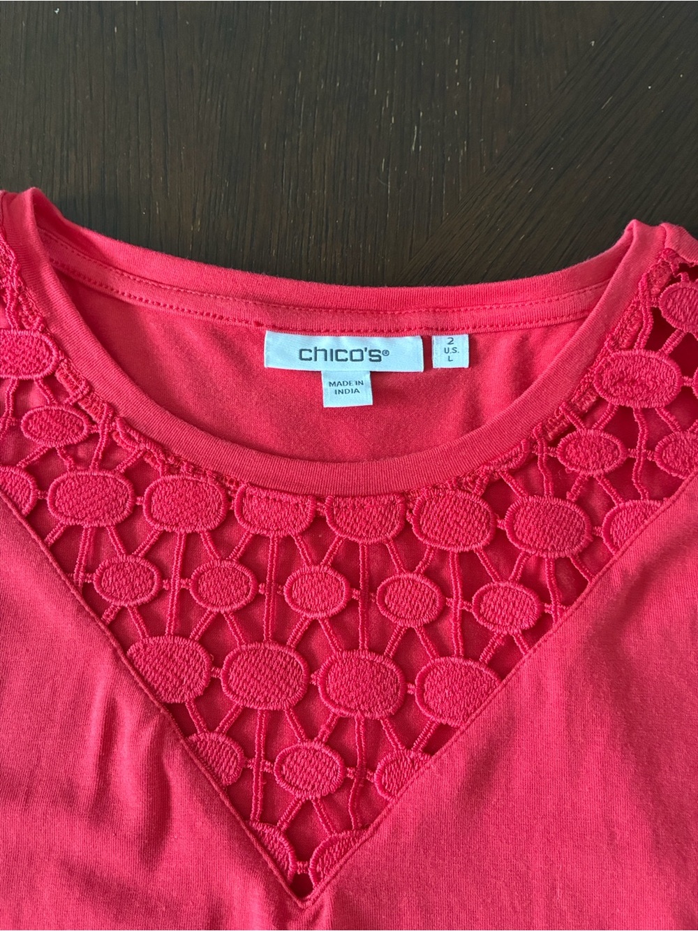 Chico's Red Short-Sleeve Top with Lace V Yoke